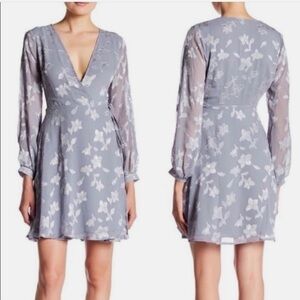 Astr Floral Long Sleeve Wrap Dress in Dusty Blue